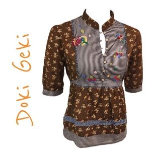 Doki Geki Embroidered Floral Cotton Top Blouse L